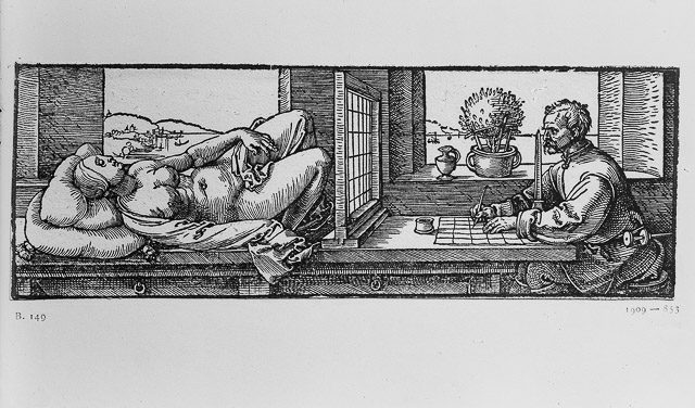Albrecht Dürer: Draughtsman Making a Perspective Drawing of a Reclining Woman (1512–1525).