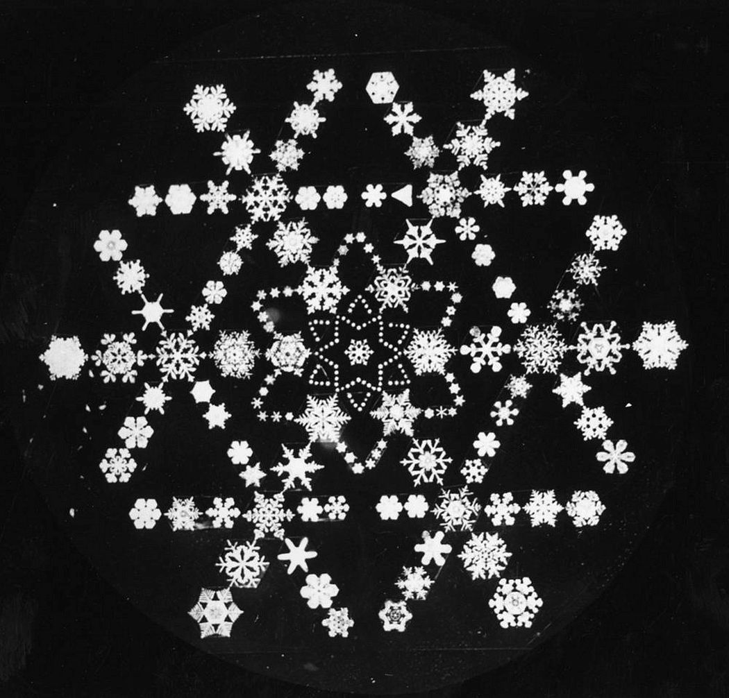 Wilson Bentley: Collage of a snowflake consisting of various snow crystals (no year). Photo C. Blanchard, The Snowflake Man. A Biography of Wilson A. Bentley, Newark/Ohio 1998, Cat. 7.