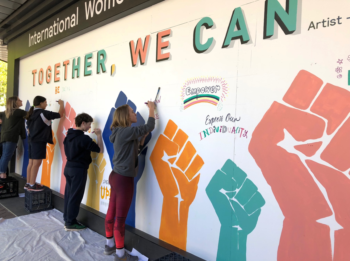 BOHIE: Together We Can … (2019). Collaborative-mural youth workshop by BOHIE for International Women’s Day. Supported by the ACT Government, YWCA and the Canberra Centre. Photos BOHIE.