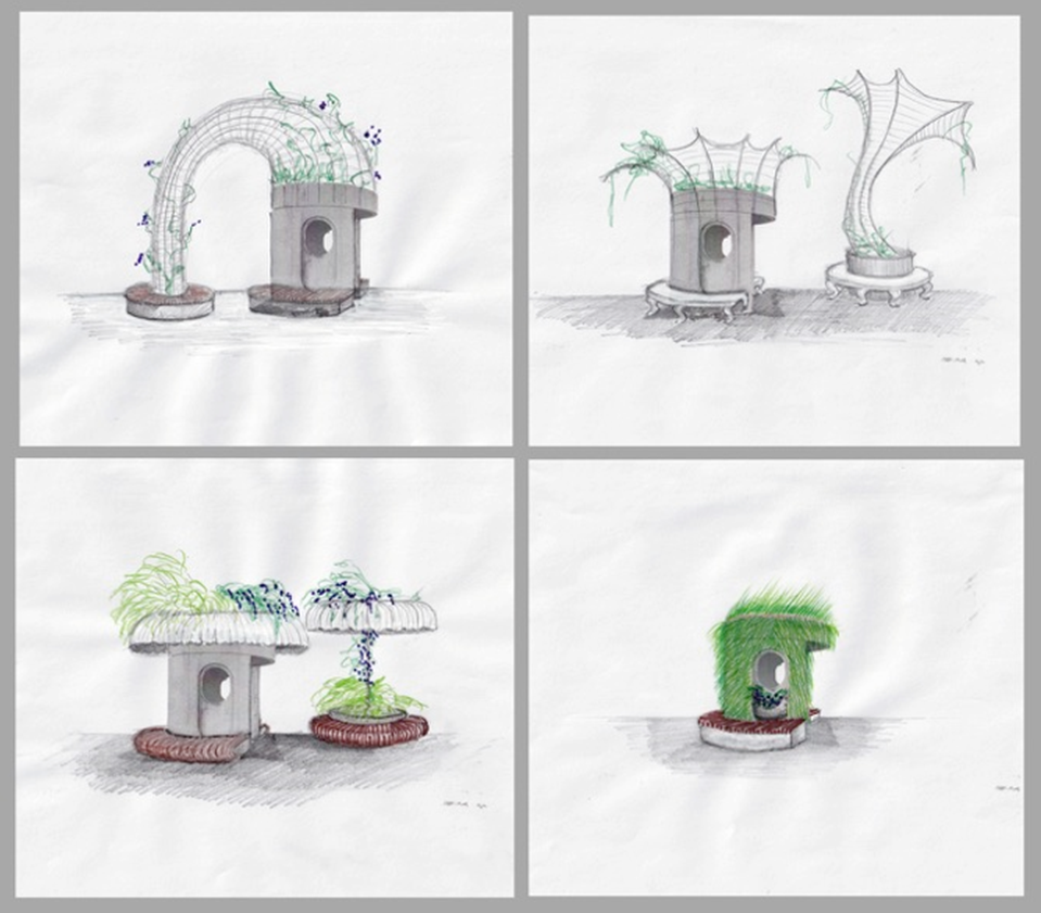 Hanna Hoyne & Justin Kalinowski: Reimagining the iconic Canberra bus stop as garden refuges to cool commuting citizens on a warming planet (2019). Drawings. Concept collaboration with Justin Kalinowski. Photo: Hanna Hoyne.