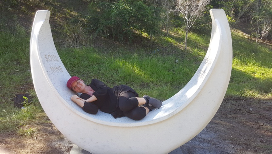 Hanna Hoyne: Soul Mine (Moonvessel & Horn) (2020). Artist at installation of the Moonvessel. Linear Park Kingsgrove, Sydney, Canal to Creek Public Art Program & Cultural Capital Studio. Photo: Bethan Donnelly. 